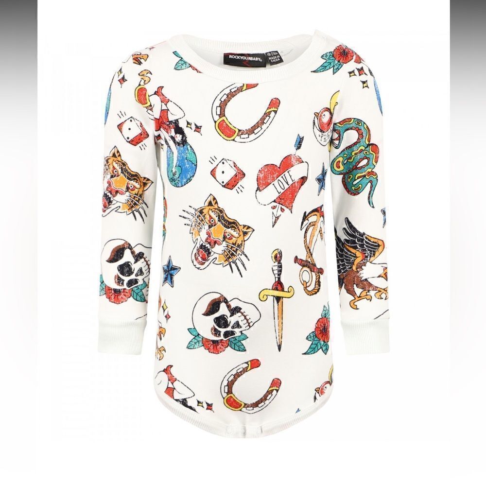 ROCK YOUR BABY Retro Tats Long-Sleeved Bodysuit White, Size: 18-24 mth (92 cm)
